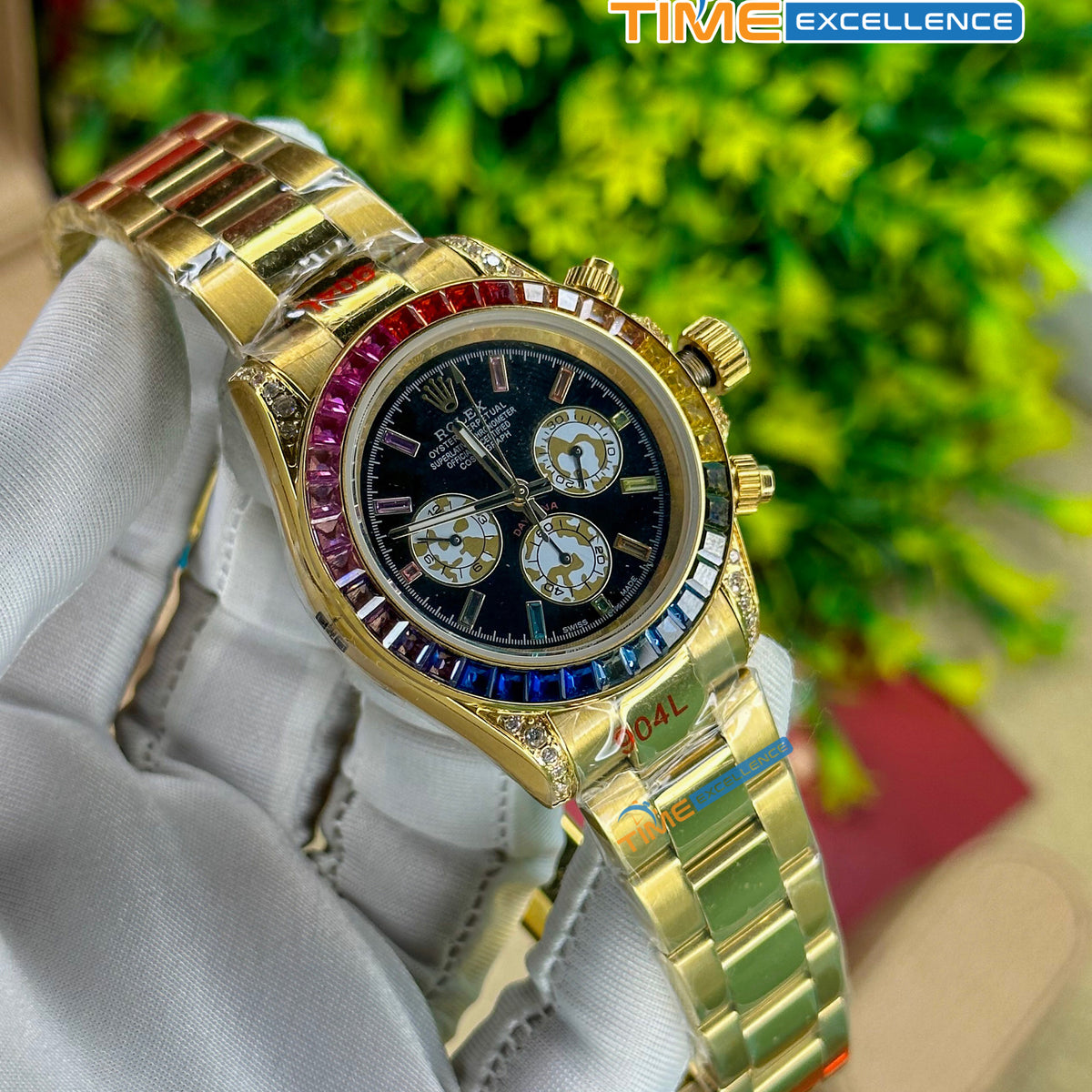 Rolex Cosmograph Daytona Rainbow Full Gold Diamond Bezel Black