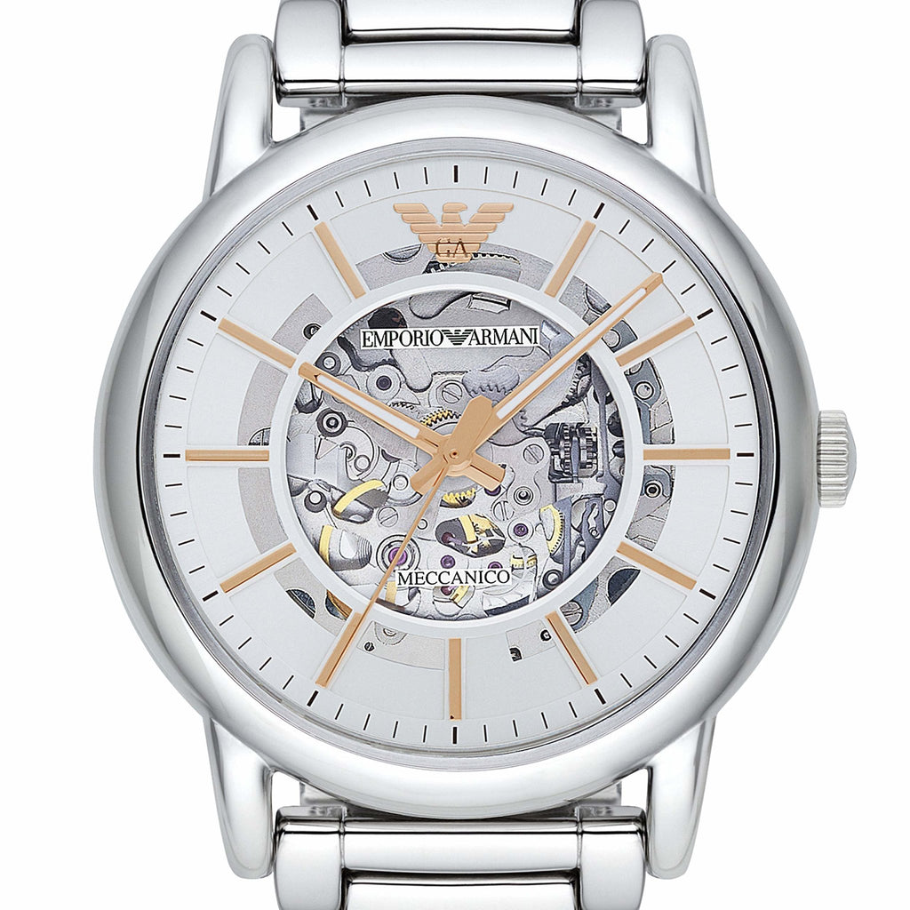 Emporio Armani Meccanico Silver Skeleton Dial Silver Steel Strap