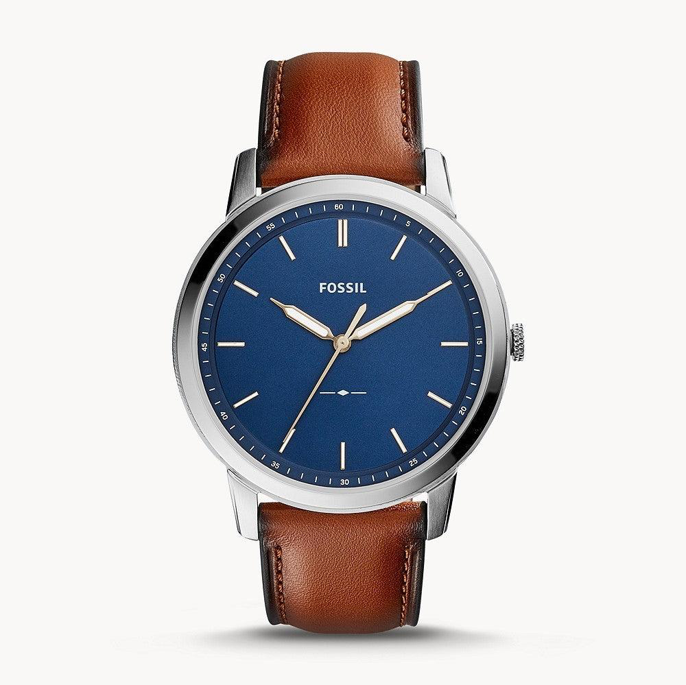 Fossil Minimalist Blue Dial Brown Leather Strap Watch For Men