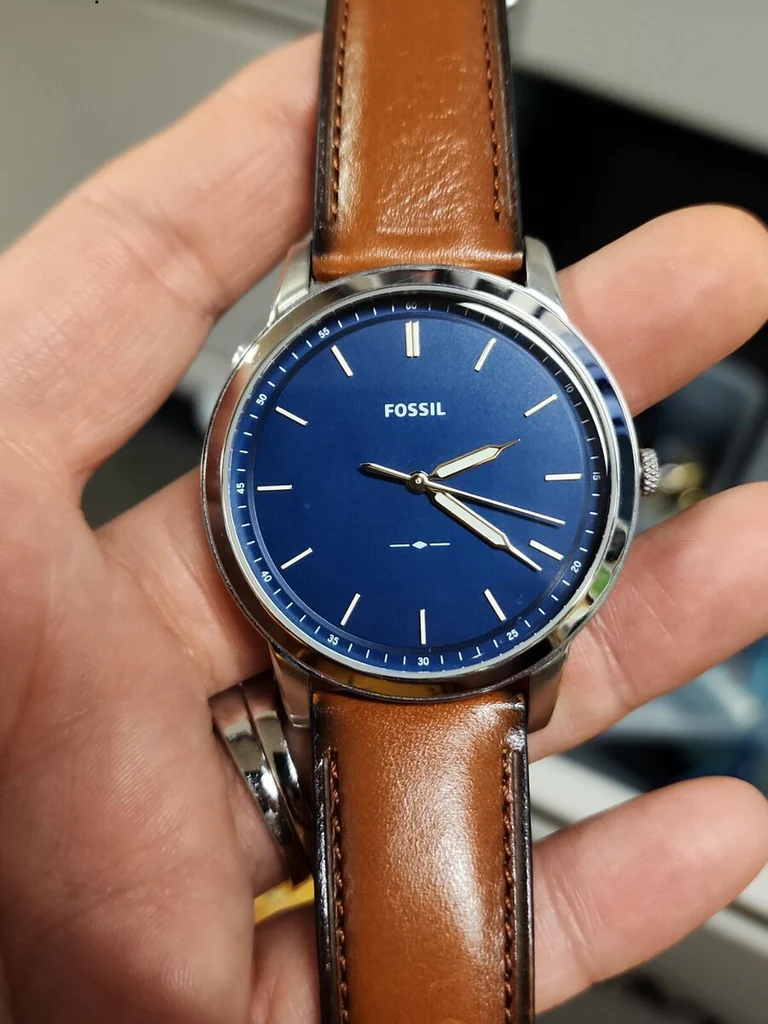 Fossil Minimalist Blue Dial Brown Leather Strap Watch For Men