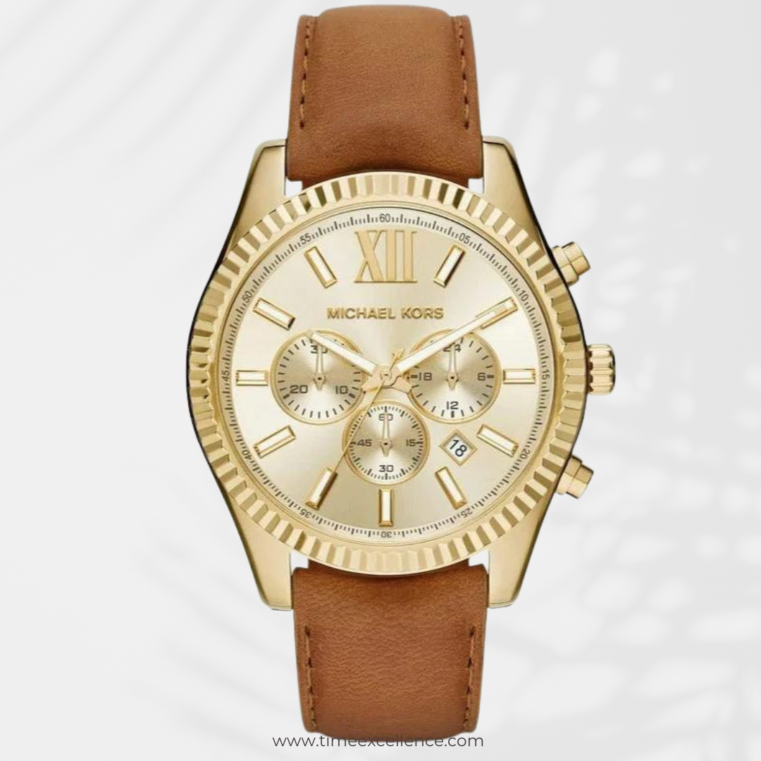 Michael Kors Lexington Chronograph Gold Dial Brown Leather Strap Watch Time Excellence