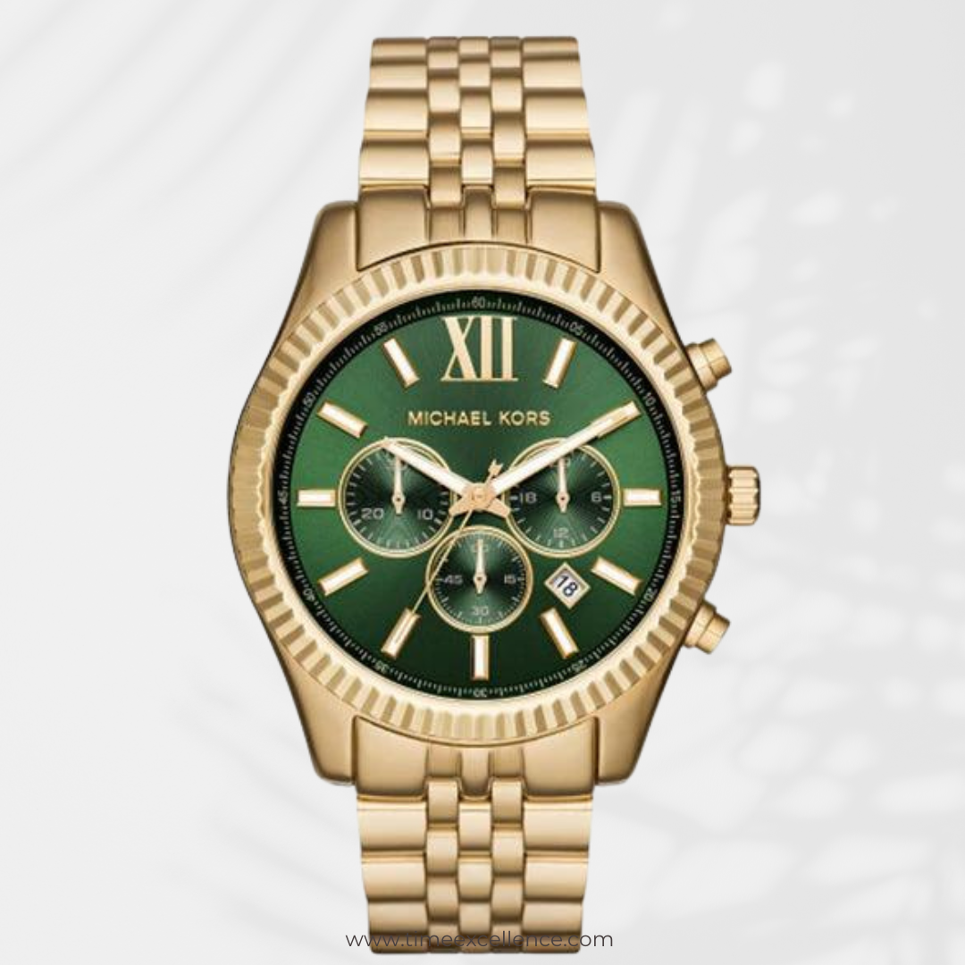Michael Kors Lexington Chronograph Green Dial Gold Steel Strap Watch F ...