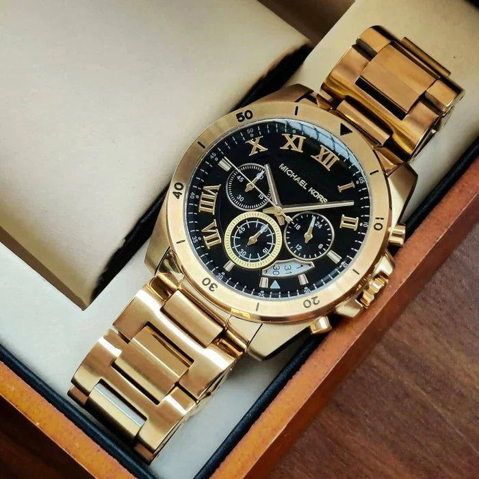 Michael Kors Brecken Chronograph Quartz Black Dial Gold Steel Strap Wa Time Excellence