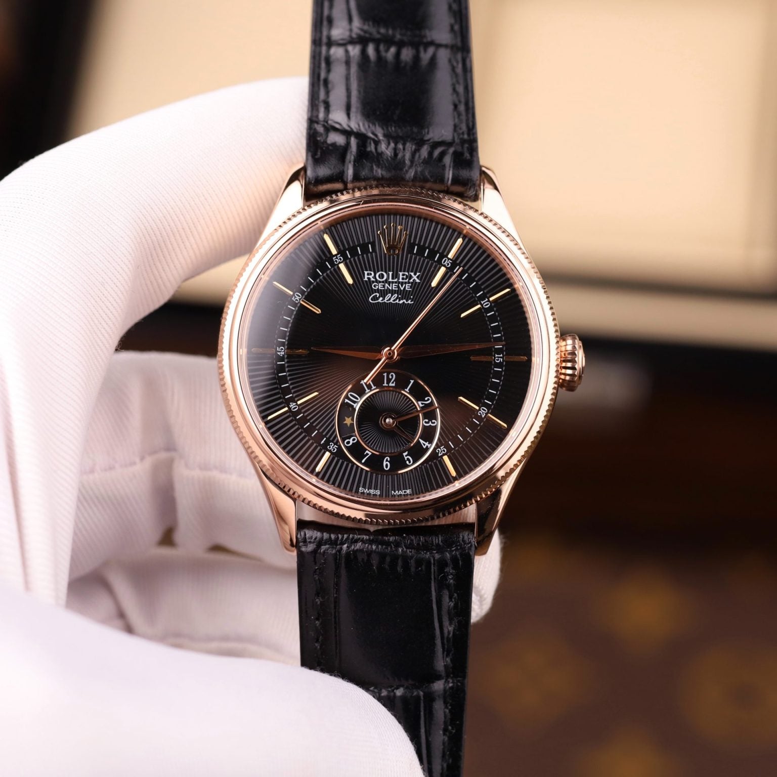 合成俳優 GOATBED Rolex Cellini Dual Time 50525 Imitation Watch Black Dial Case 18K