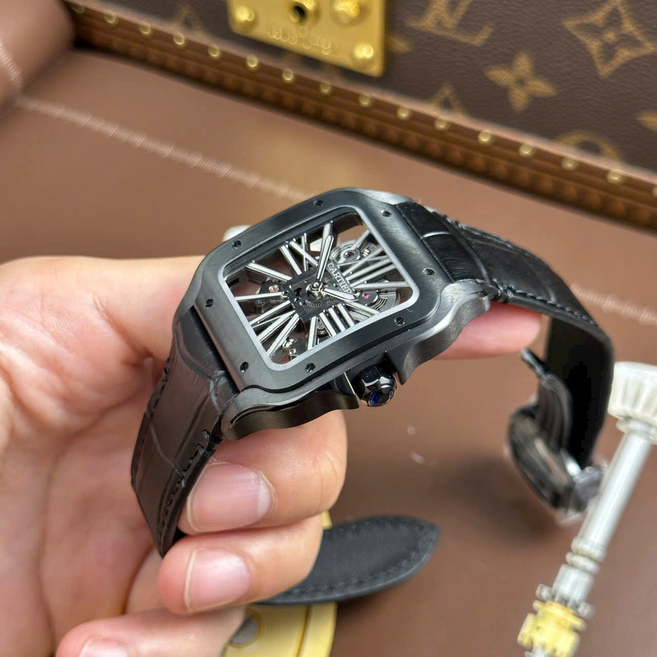 カルティエ　Santos de Cartier ベルト ブラック&ブラウン Santos De Cartier Watch Clasp UNWORN Santos De Cartier Brown